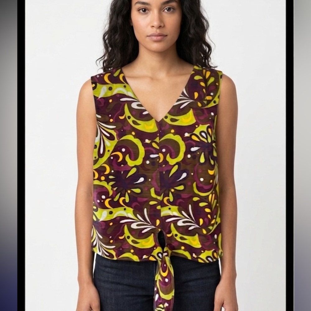 Canyon Road Retro Abstract Print Tie-Front Button Down Top - Size L